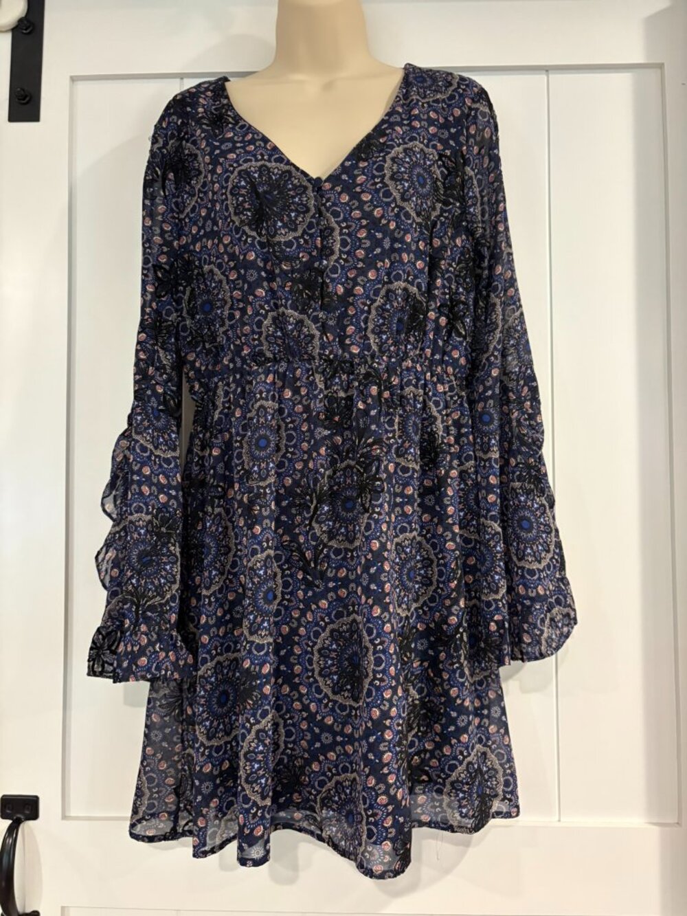 Blue‎ Rain Women's Dress, Blue Paisley Print, Long Sleeve, Bohemian, Medium
